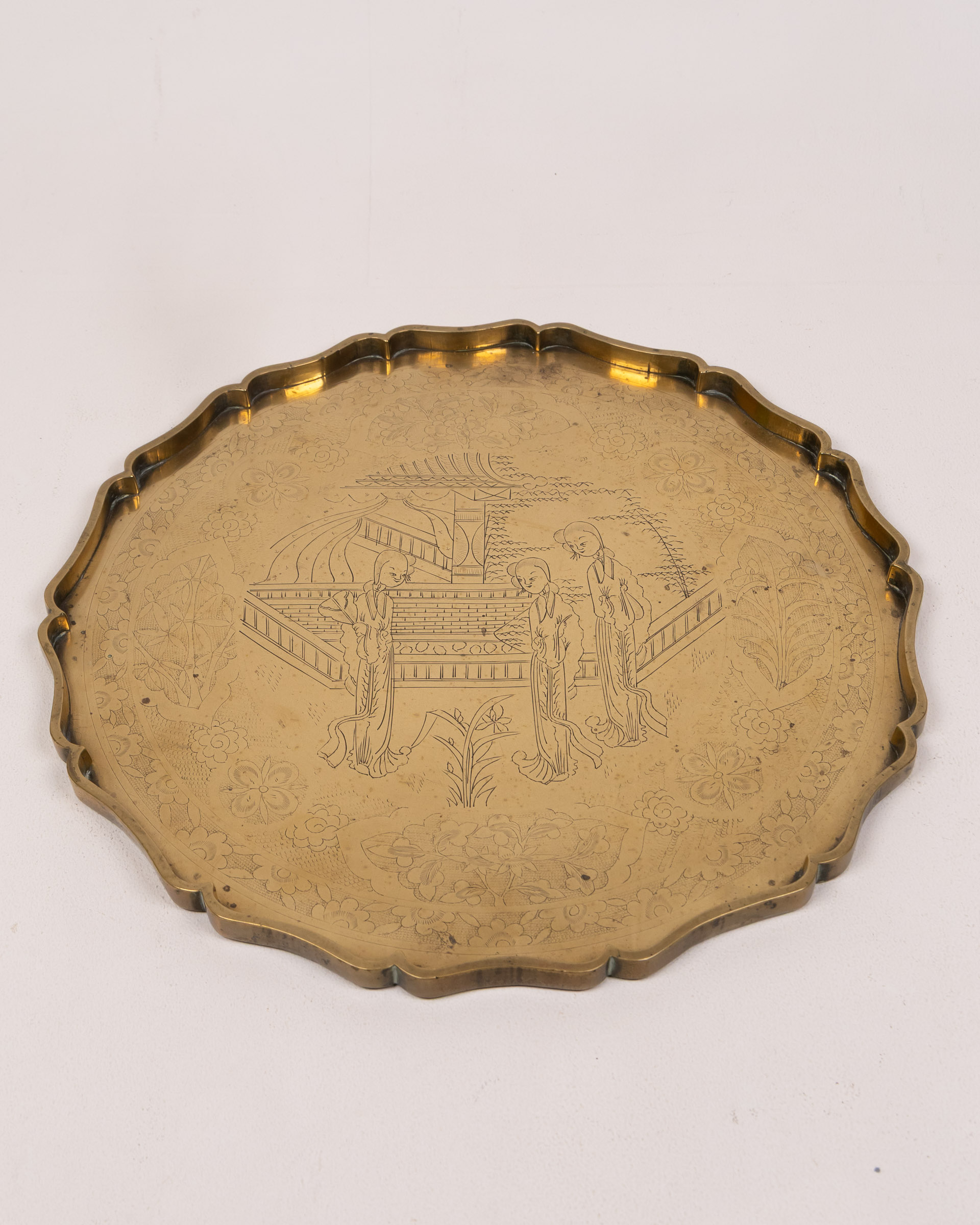 Vintage Etched Brass Scalloped Tray, Oriental Scene, Home Decor Display