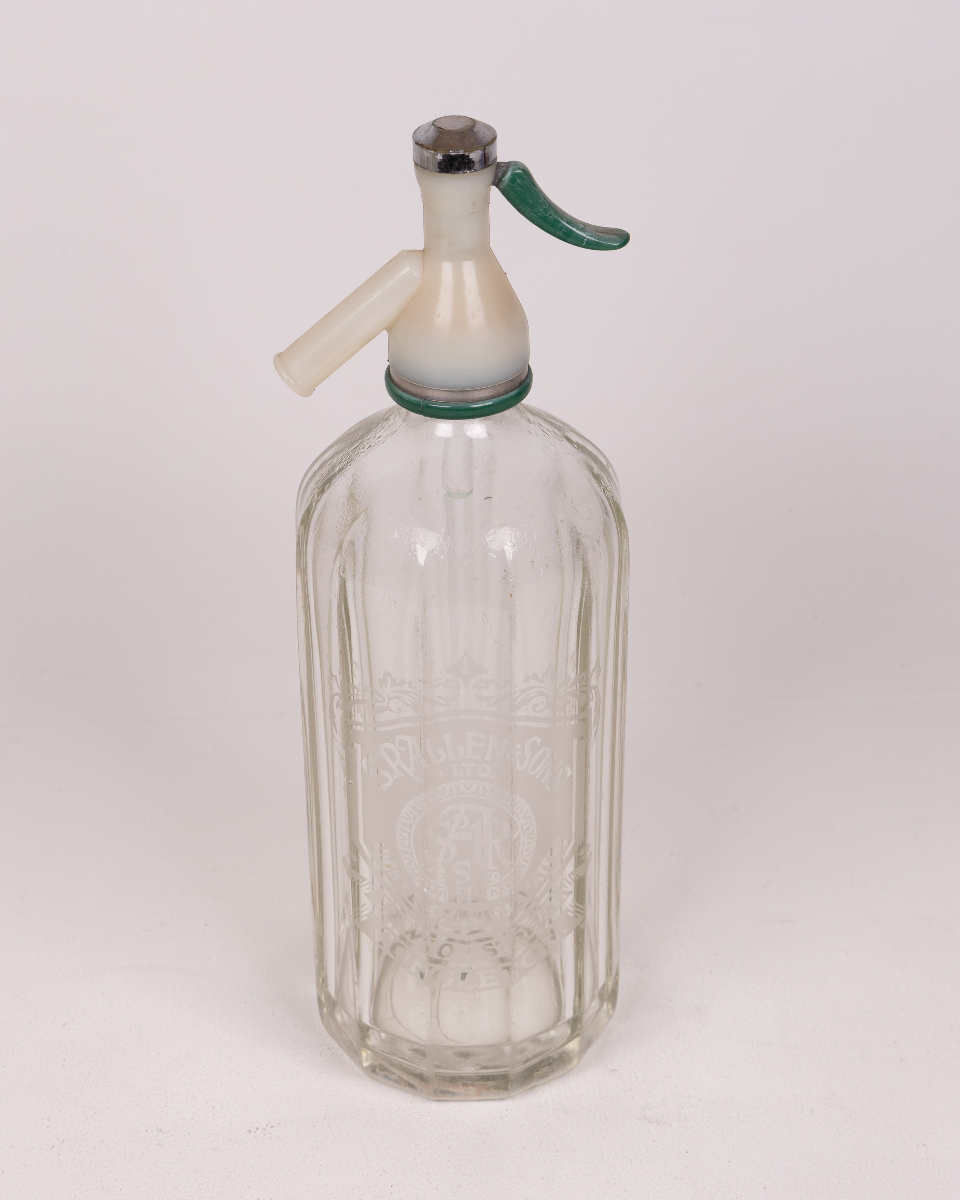 Vintage S. R Allen & Son Glass Soda Siphon with Green Lever
