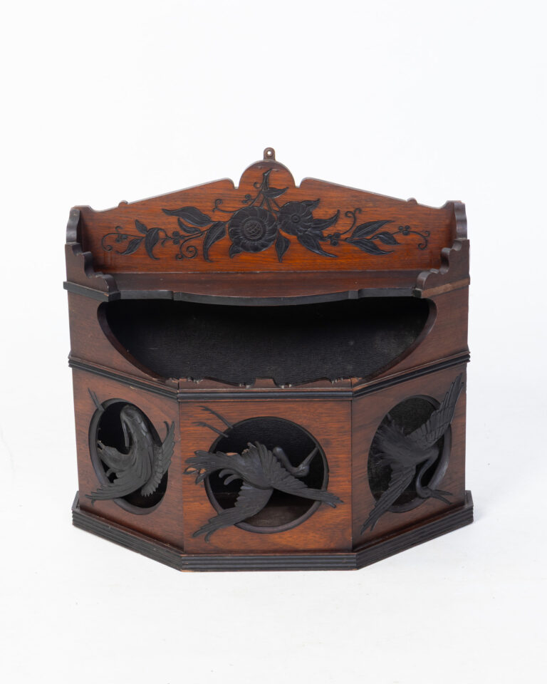 Vintage Carved Wooden Wall Shelf with Bird & Floral Details, Brown