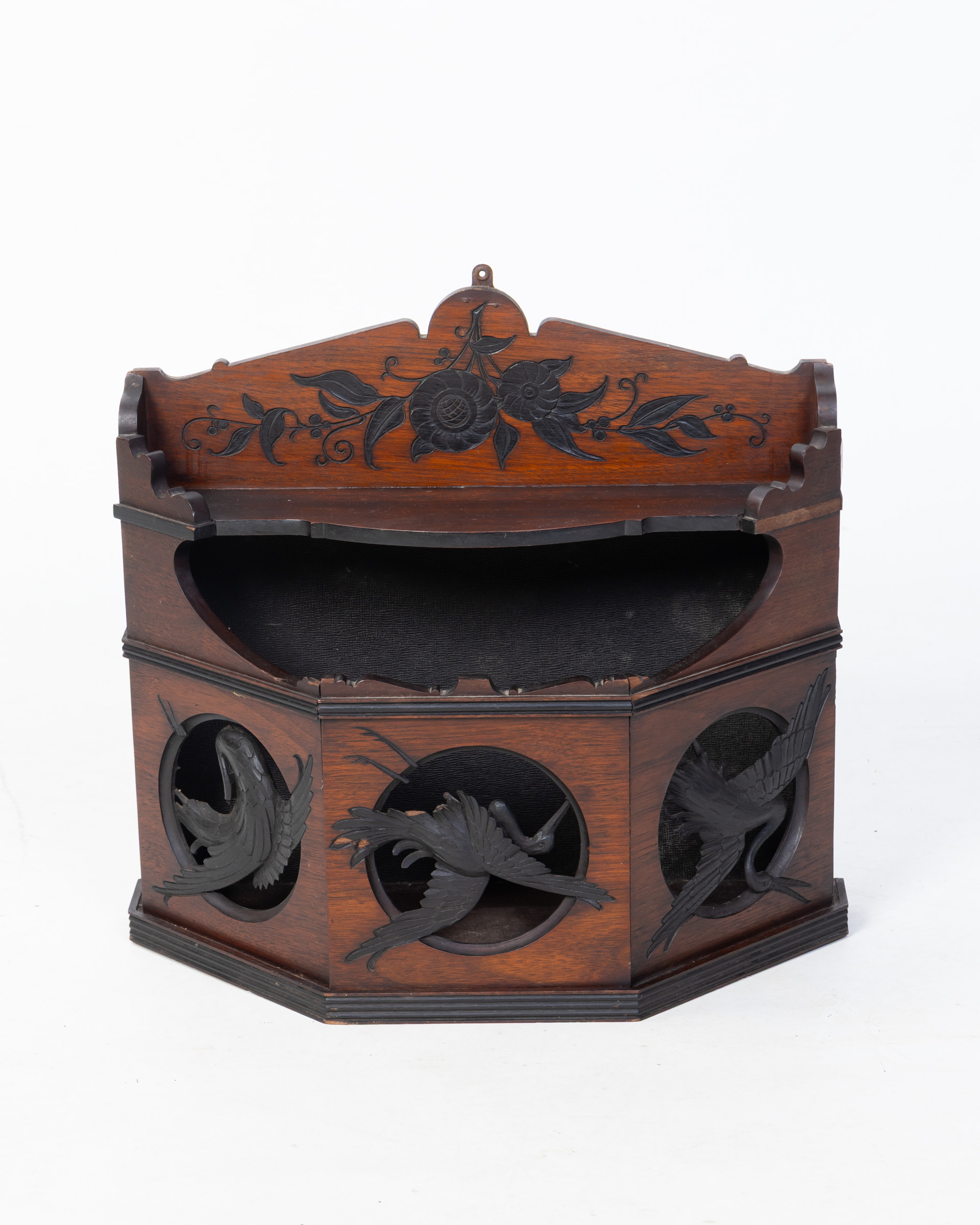 Vintage Carved Wooden Wall Shelf with Bird & Floral Details, Brown