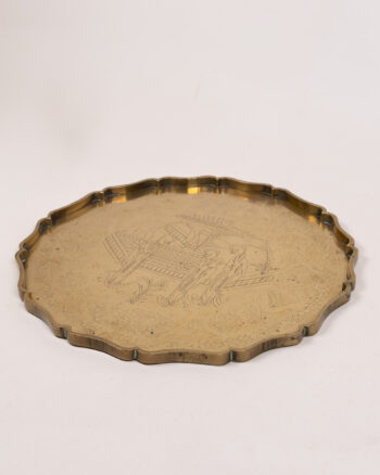 Vintage Etched Brass Scalloped Tray, Oriental Scene, Home Decor Display