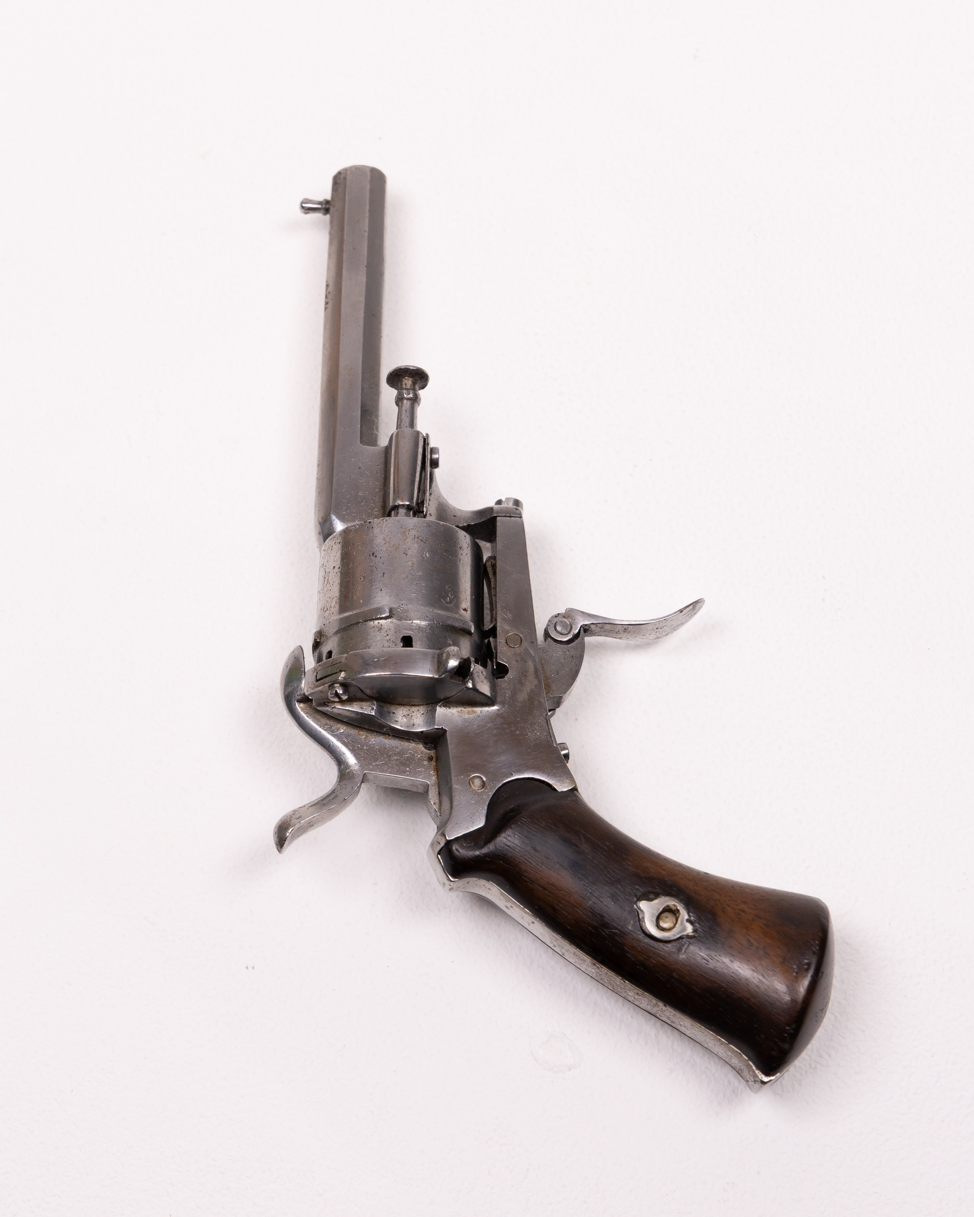 Antique Percussion Cap Revolver With Dark Wood Grip, Collectable Firearm