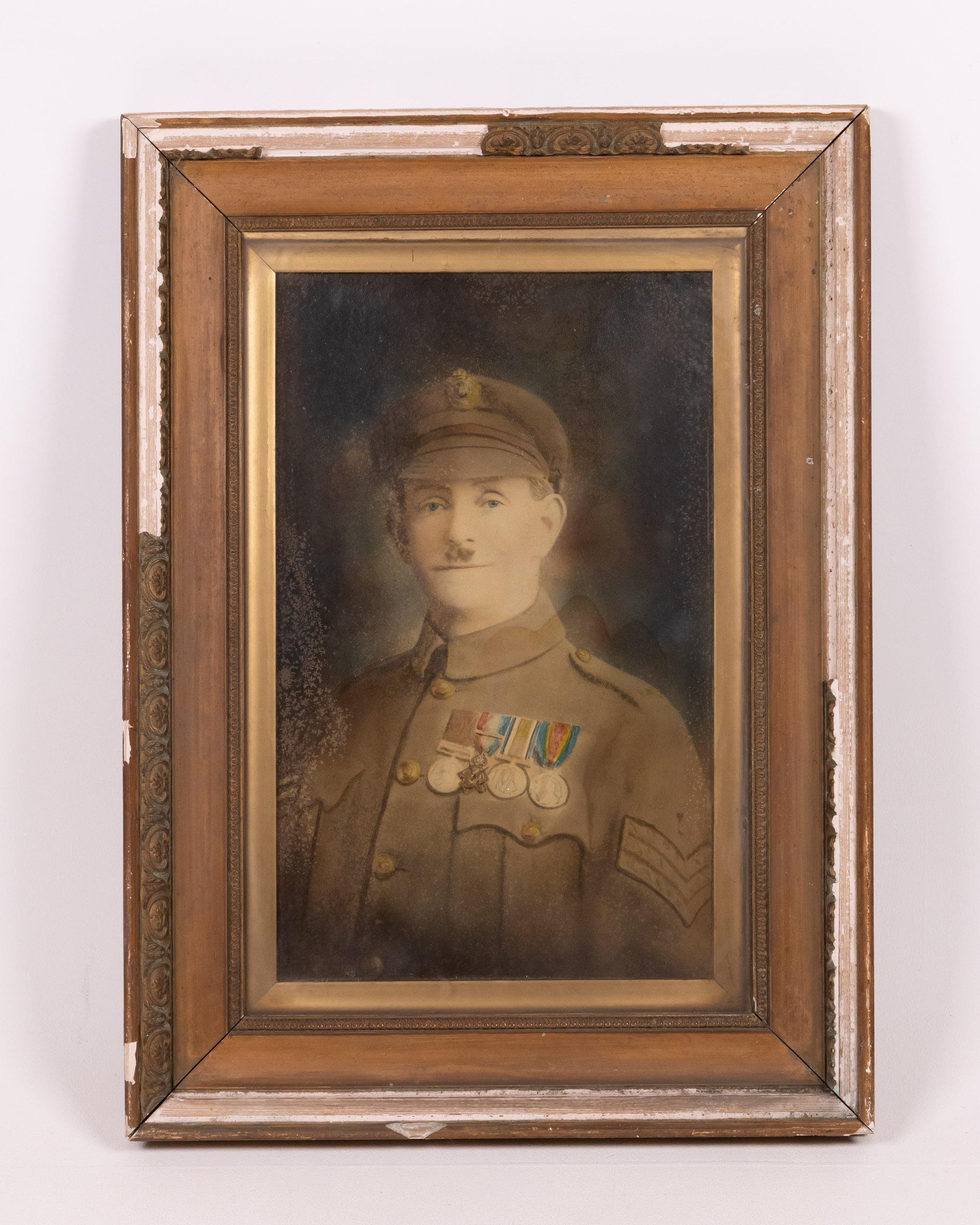 Vintage Framed Military Portrait Soldier with Medals Wooden Frame