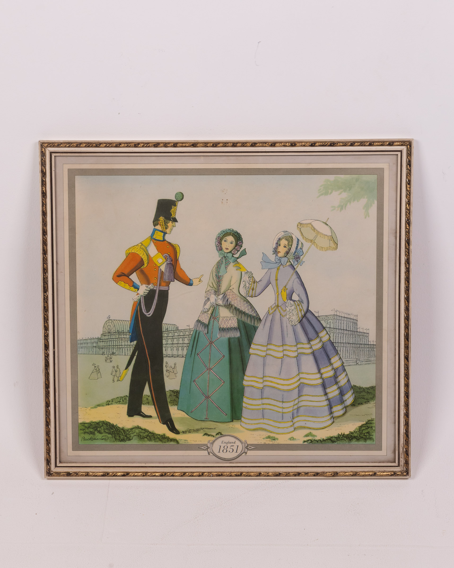 Vintage England 1851 Framed Fashion Print with Period Figures