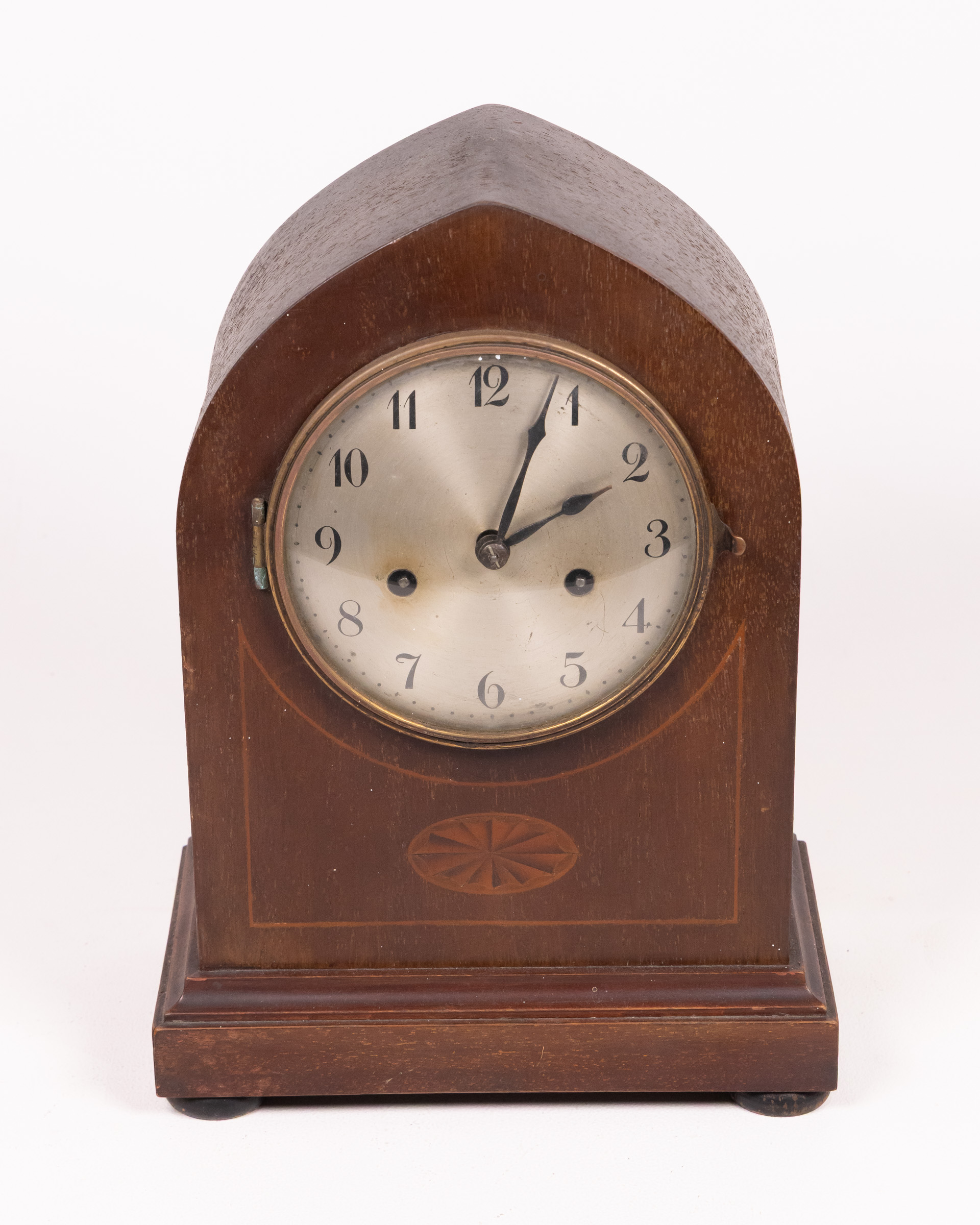 Antique Arched Wooden Mantel Clock with Inlay and Brass Bezel