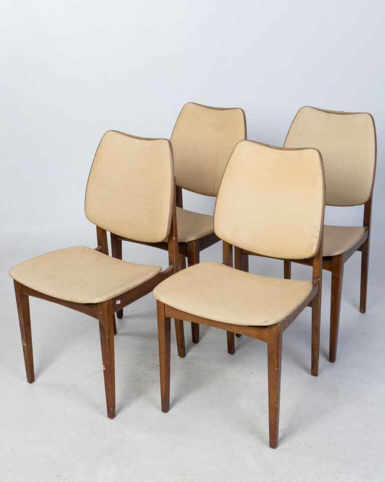 Vintage Mid-Century Wood Dining Chairs with Cream Upholstery (Set of 4)