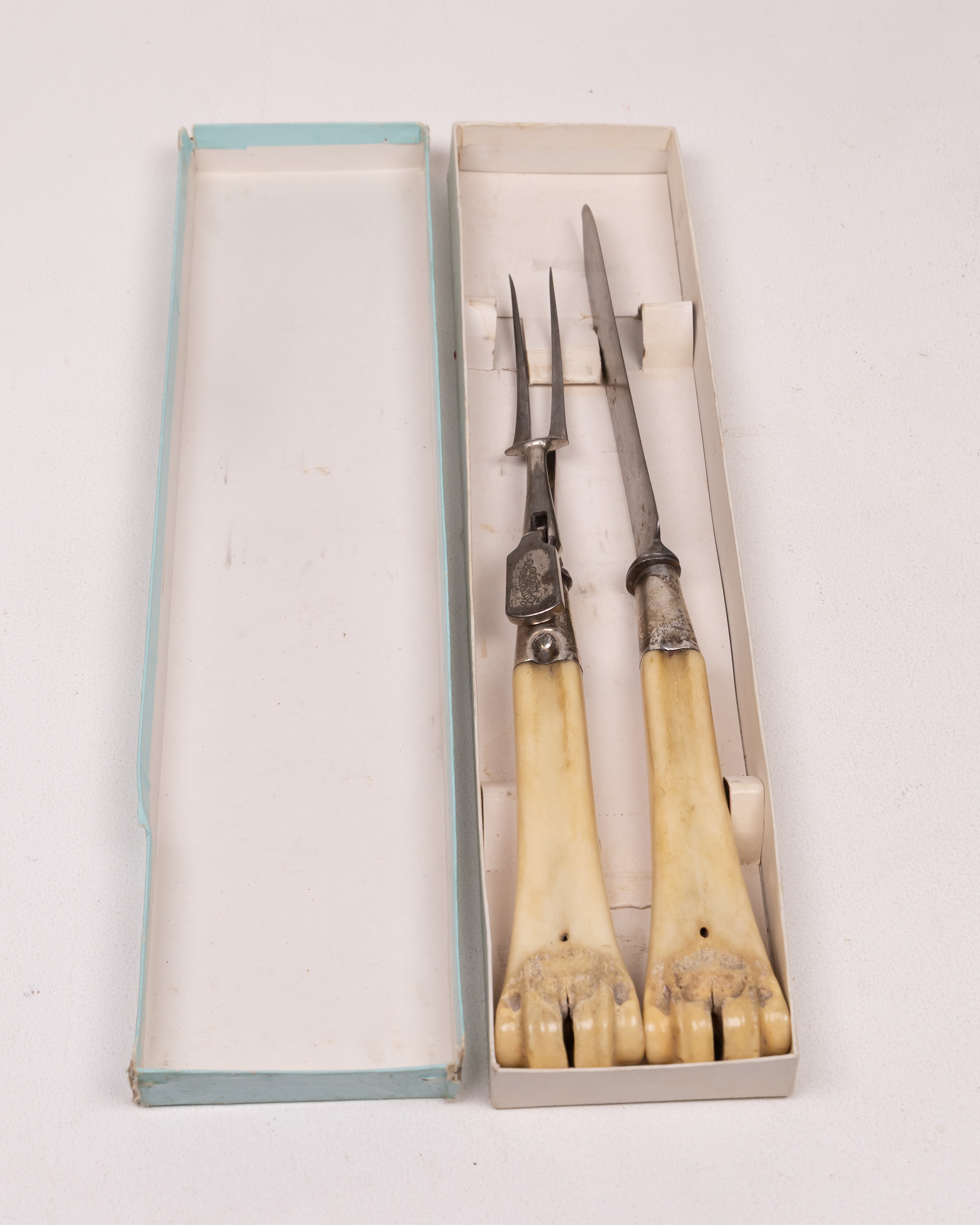 Vintage Carving Set with Bone Handles and Silver Cuff