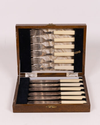 Vintage 12-Piece Cutlery Set in Wooden Box, Silver Toned Metal, Cream Handles