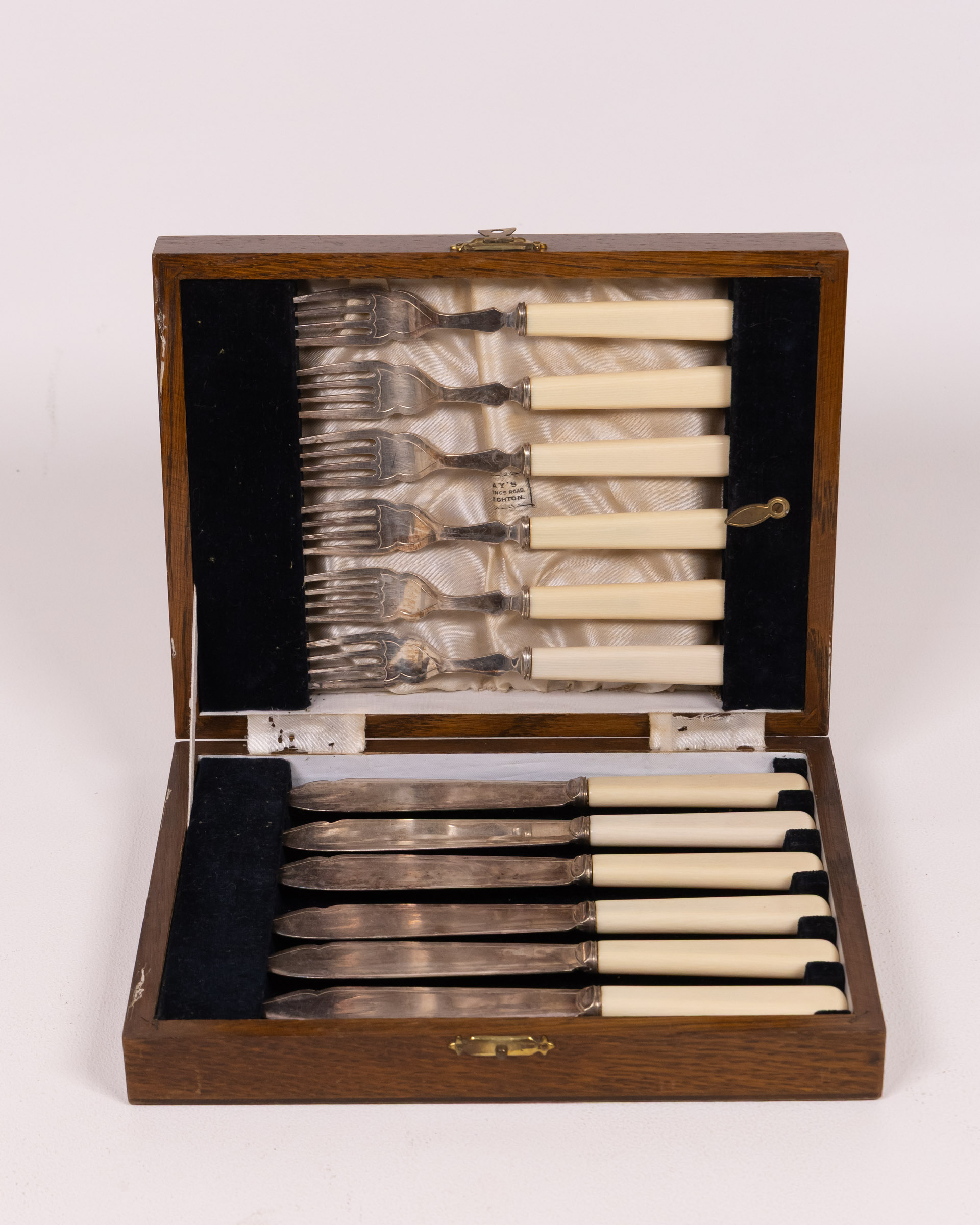 Vintage 12-Piece Cutlery Set in Wooden Box, Silver Toned Metal, Cream Handles