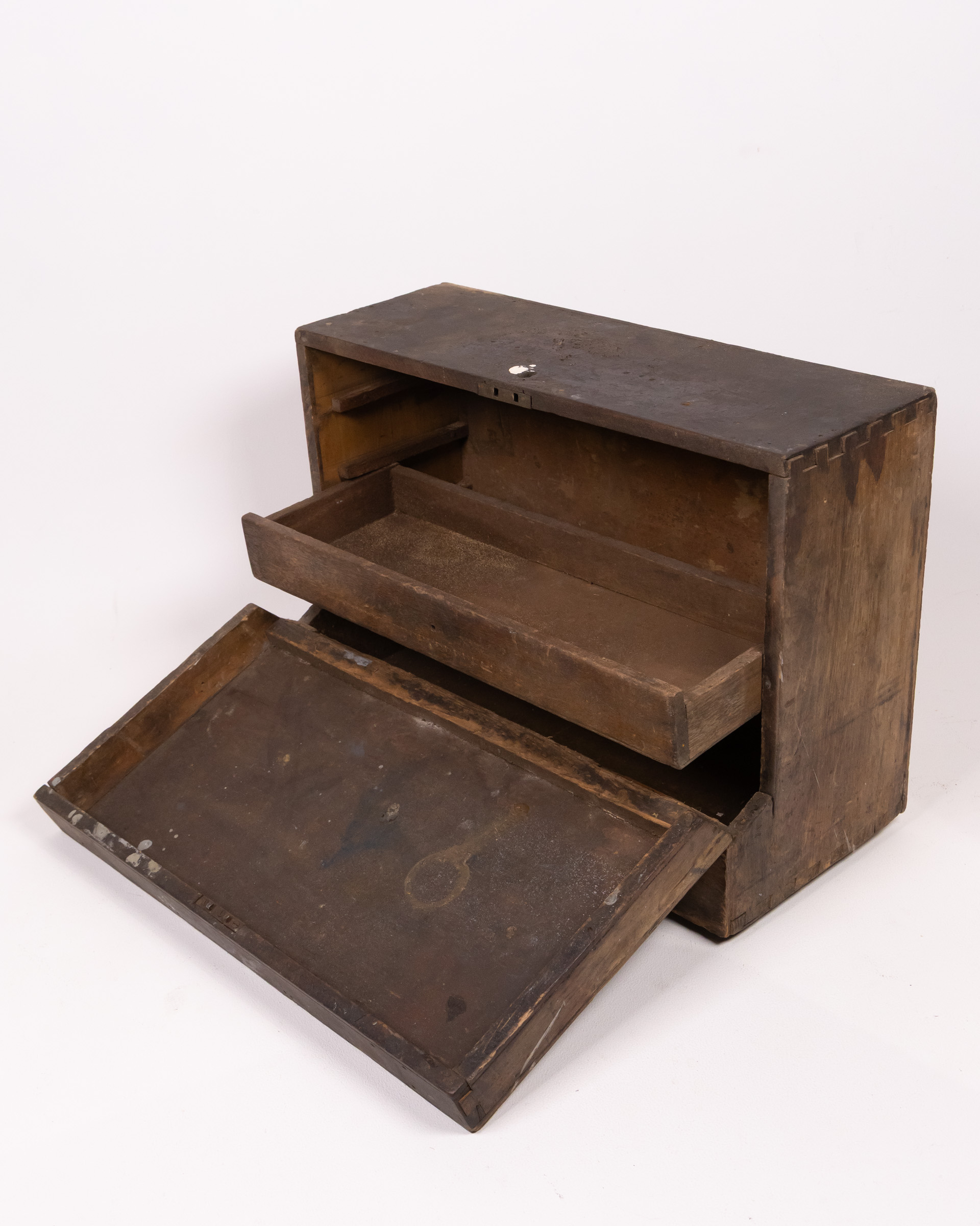 Vintage-Style Wooden Tool Box with Hinged Top and Drawer, Brown Finish