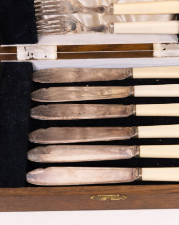 Vintage 12-Piece Cutlery Set in Wooden Box, Silver Toned Metal, Cream Handles