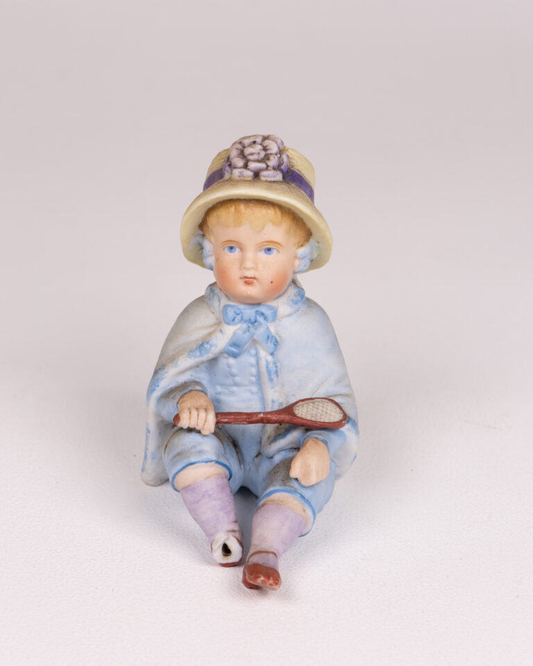 Vintage Hand-Painted Ceramic Boy Figurine with Racket, Blue & Cream