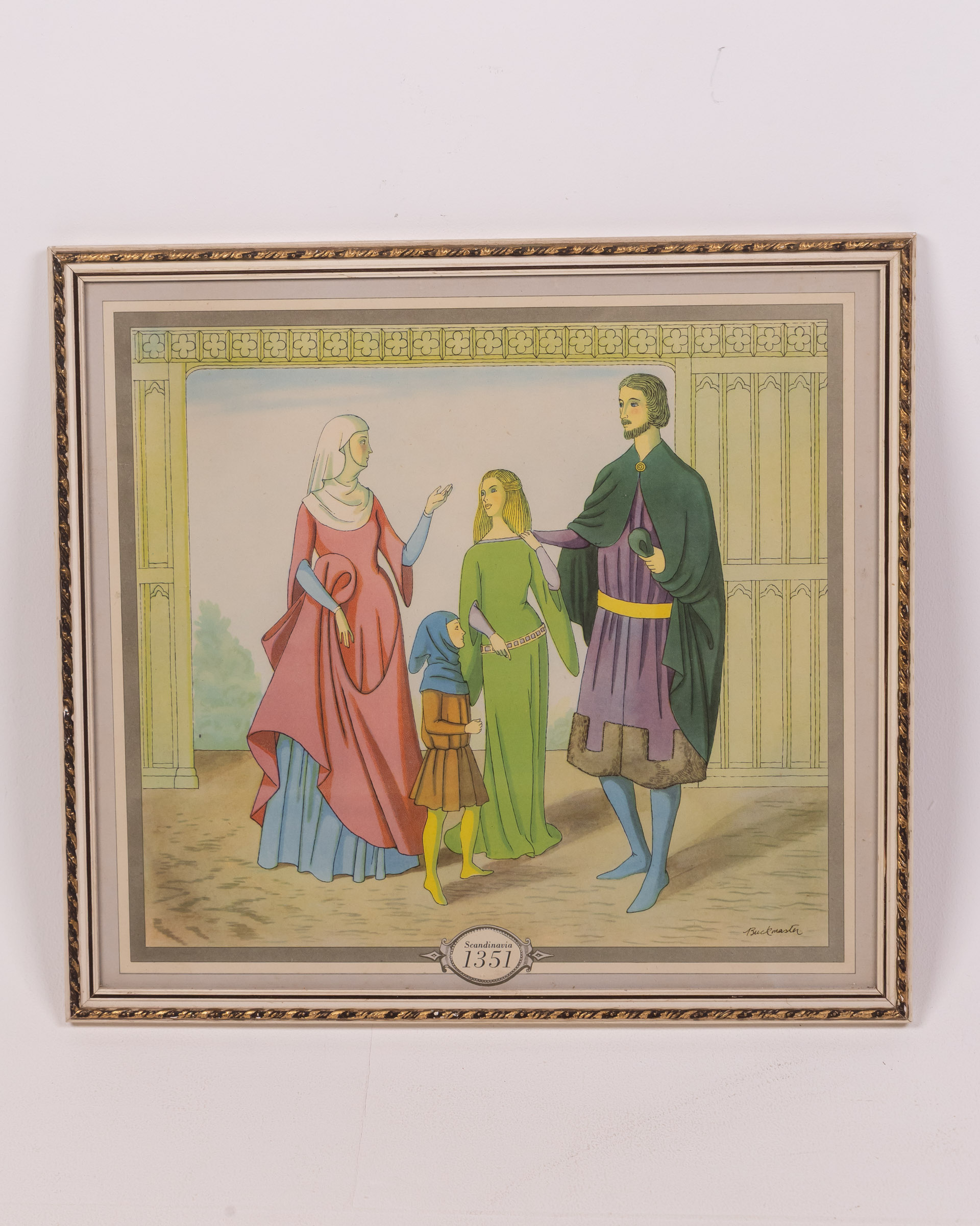 Vintage Framed Print of Medieval Family with Signature