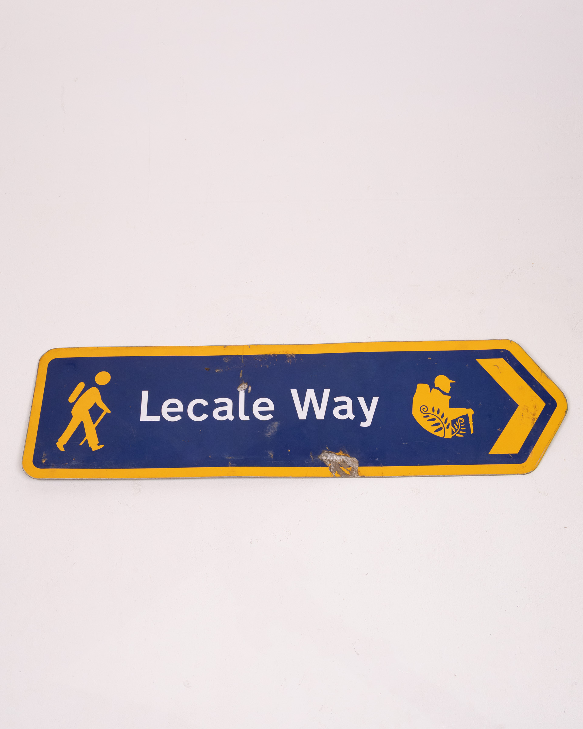 Lecale Way Metal Arrow Sign, Blue & Yellow Hiking Trail Signage