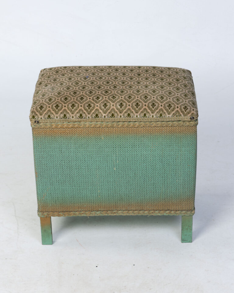 Vintage Green Storage Ottoman with Patterned Fabric Lid, Lift-Up Seat