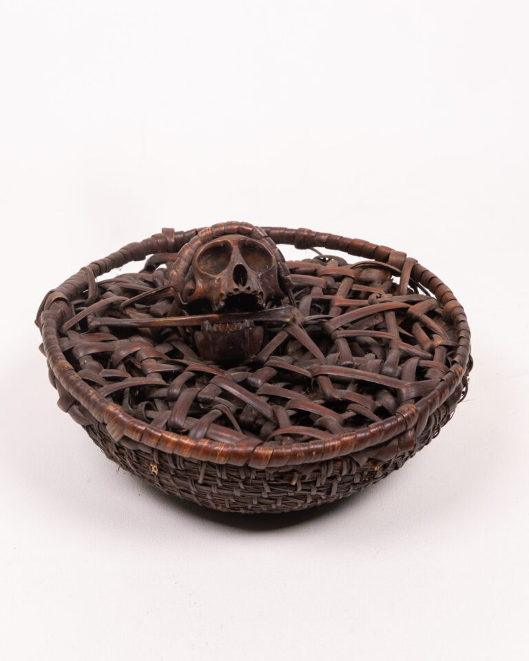 Woven Wooden Basket with Skull, Decorative Item