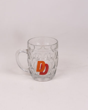 Glass Beer Mug with Orange and Red DD Logo