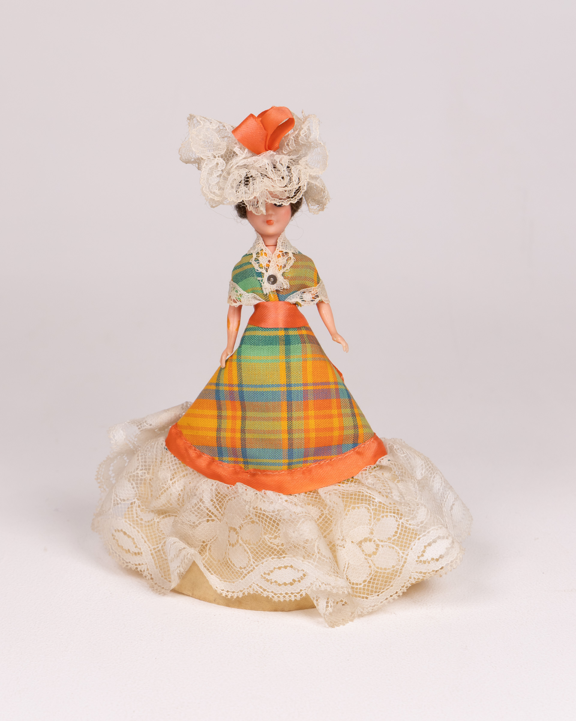 Vintage 1960s Plaid Dress Doll with Lace Trim, Collectible Toy