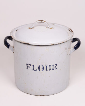 Vintage Enamel Flour Canister, White with Blue Lettering, Kitchen Storage