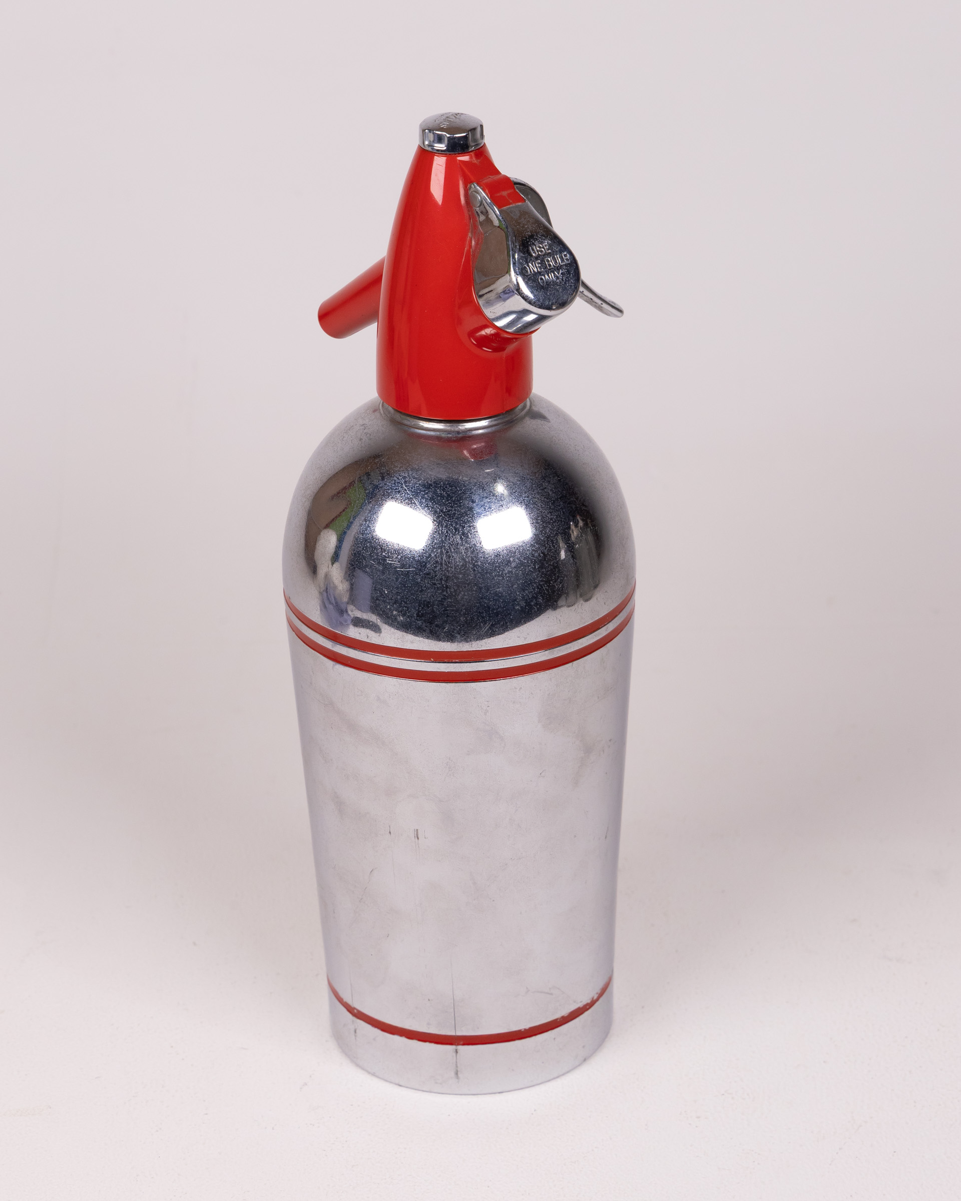 Vintage Metal Soda Syphon Bottle Barware, Silver & Red Accents