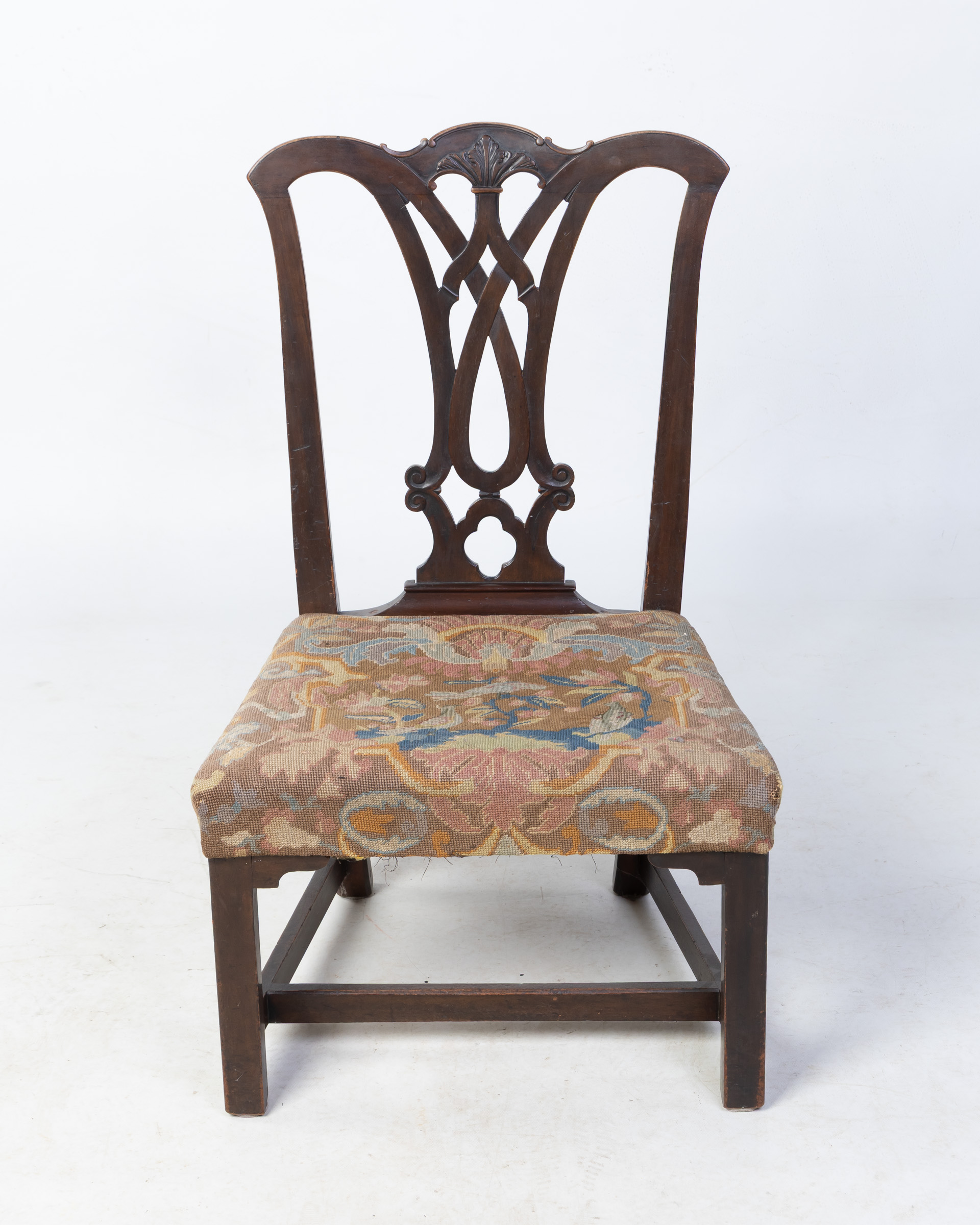 Chippendale Style Brown Wood Dining Chair with Tapestry Upholstery