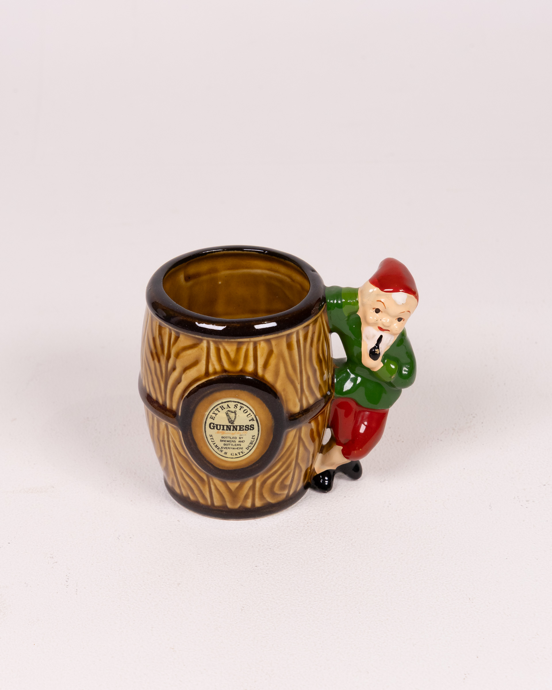 Vintage Guinness Stoneware Barrel Mug with Leprechaun Figurine Handle