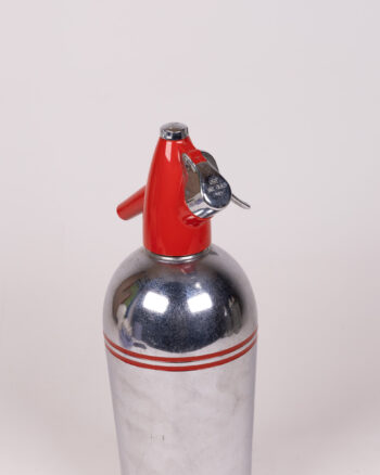 Vintage Metal Soda Syphon Bottle Barware, Silver & Red Accents