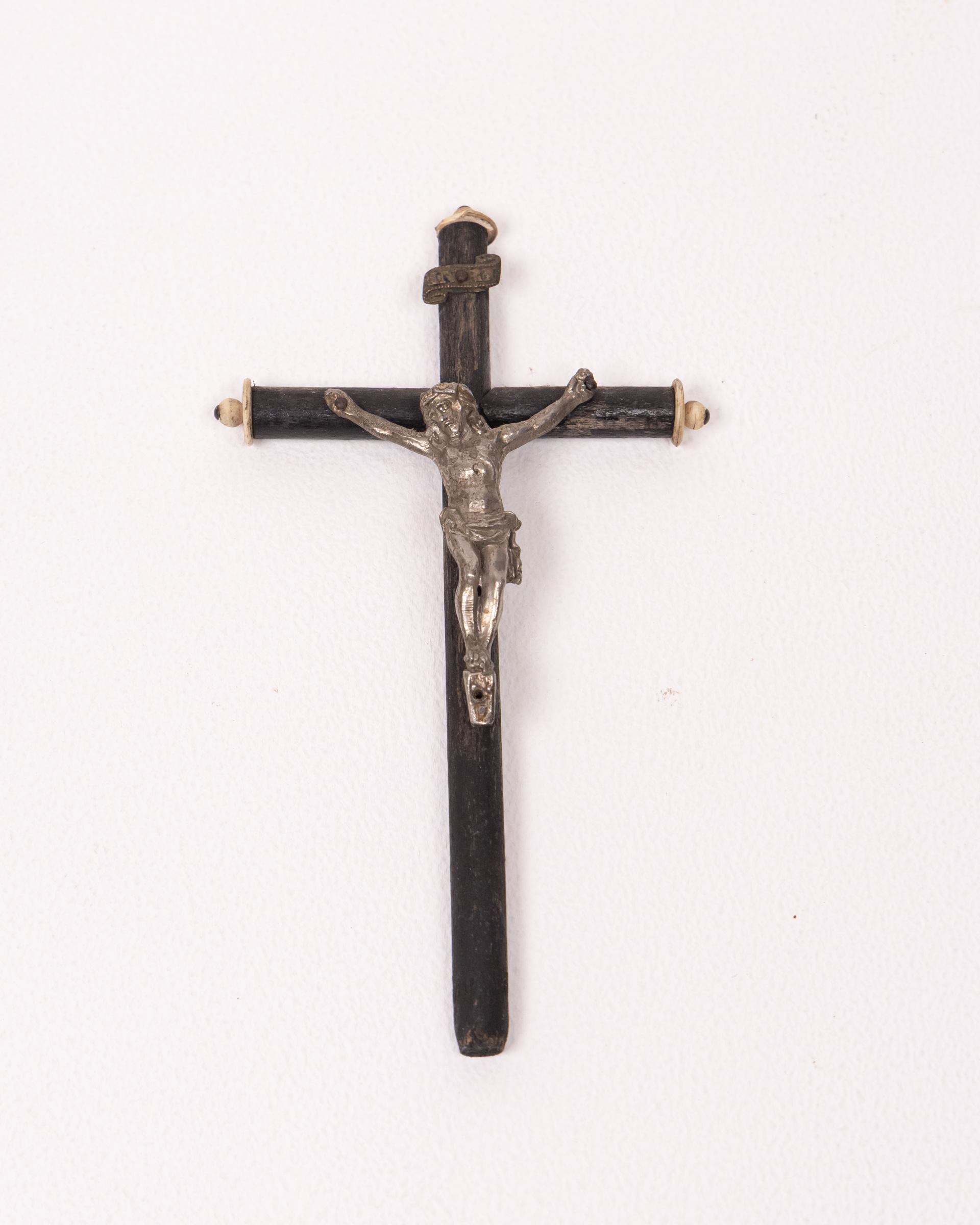 Antique Crucifix with Silver Christ Figure Religious Artefact