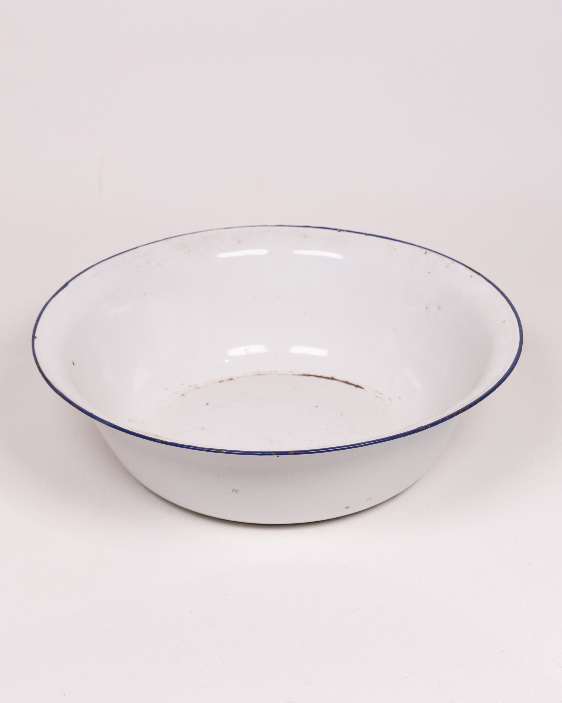 Vintage White Enamel Bowl with Blue Rim, Farmhouse Kitchen Decor