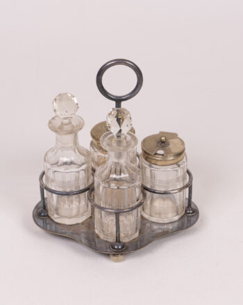 Vintage Silver Plated Condiment cruet Set with Crystal Stoppers & Glass Jars