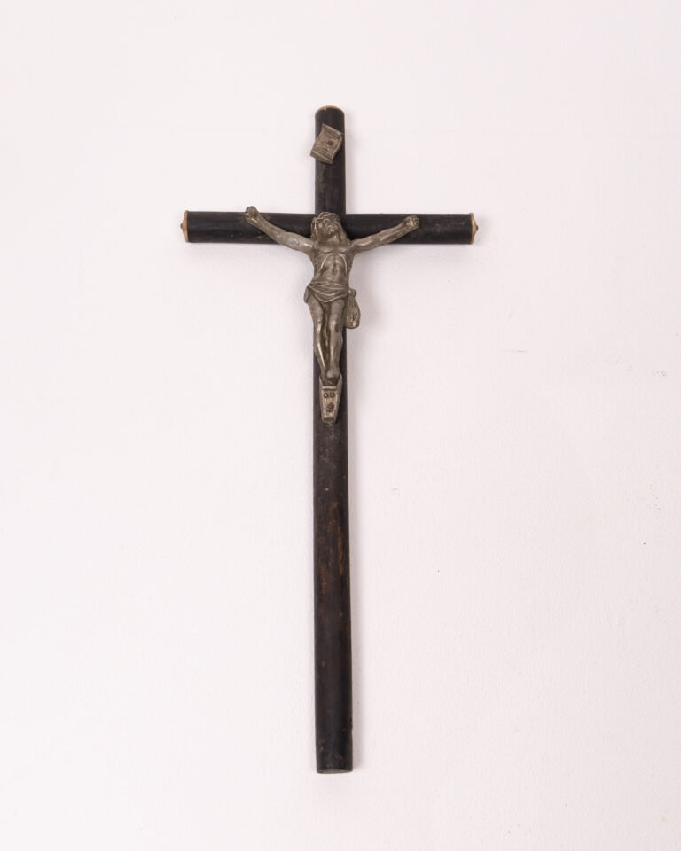 Vintage Style Crucifix Dark Wood Cross Silver Metal Jesus Religious Decor