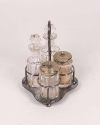 Vintage Silver Plated Condiment cruet Set with Crystal Stoppers & Glass Jars