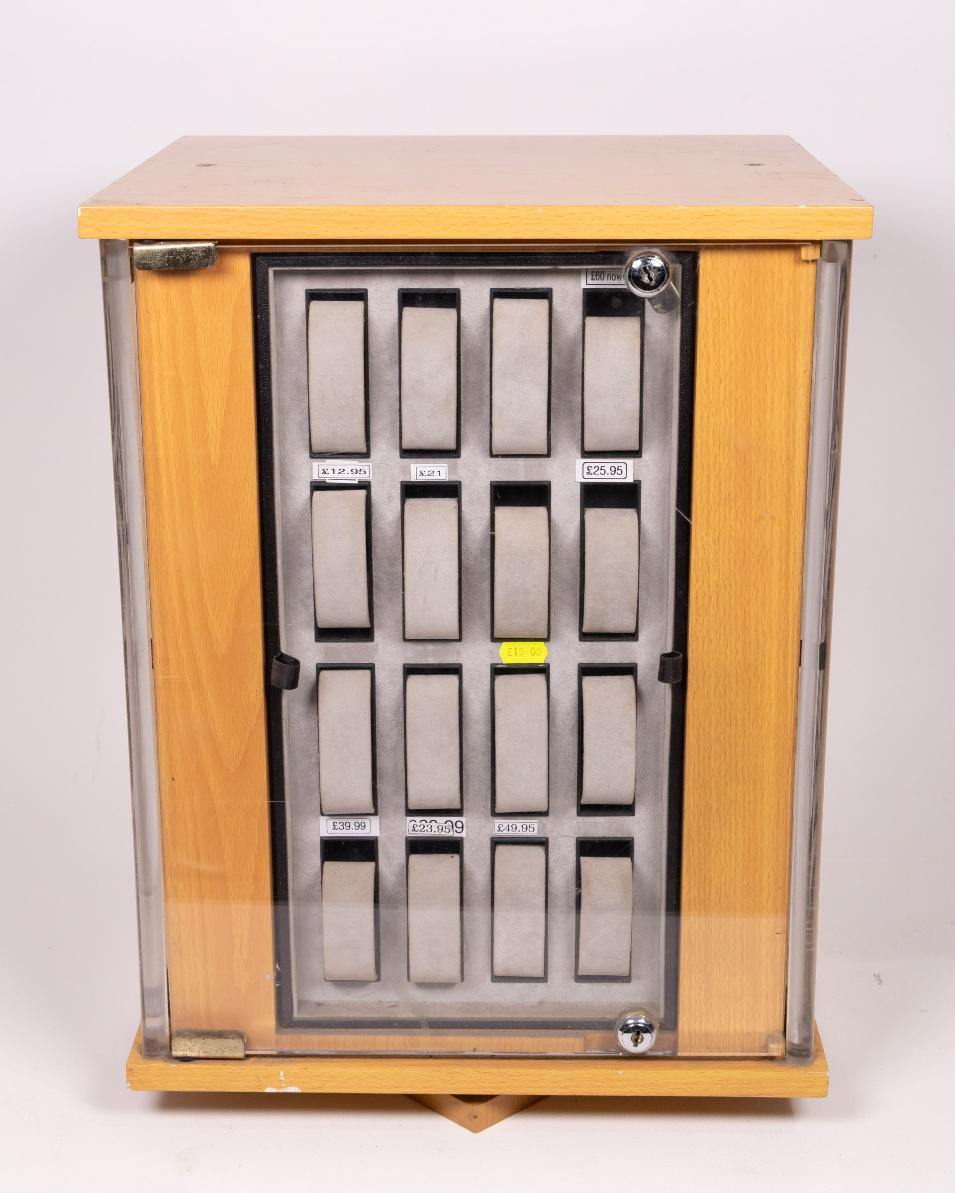 Vintage Watch Shop Display Case with Light Wood Frame and Acrylic Surround