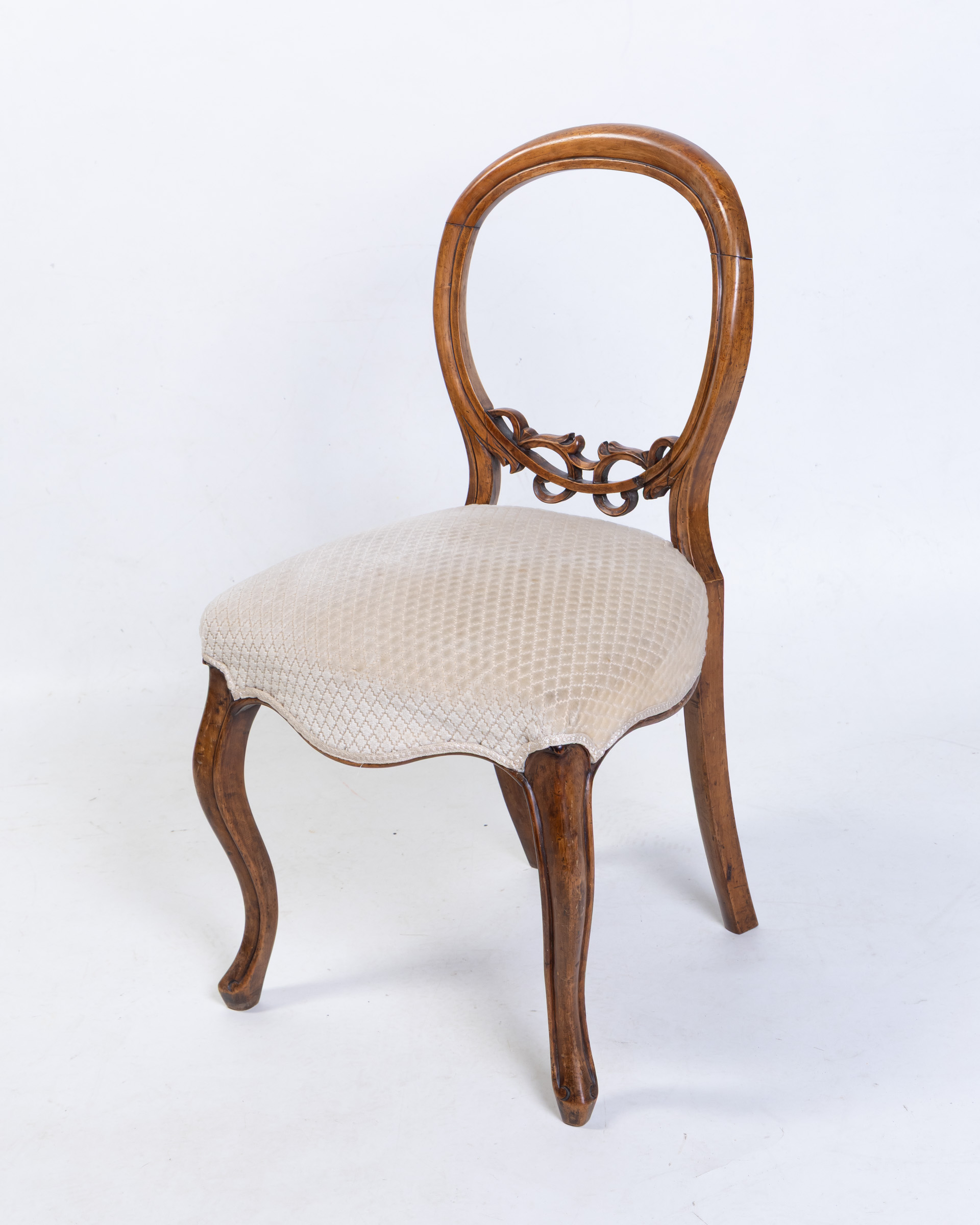 Vintage Balloon Back Chair, Carved Wood Frame, Cream Upholstered Seat