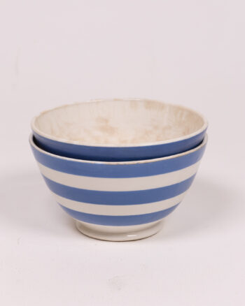 Set of Two Blue and White Striped Ceramic Bowls, Nautical Style