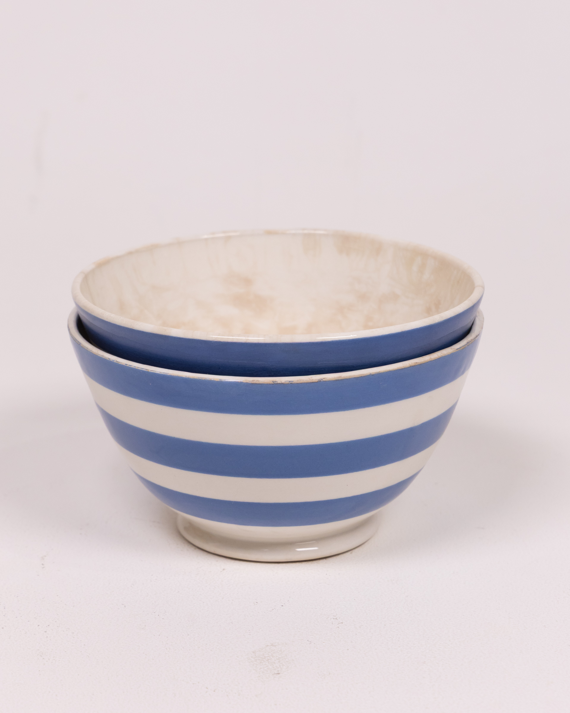 Set of Two Blue and White Striped Ceramic Bowls, Nautical Style