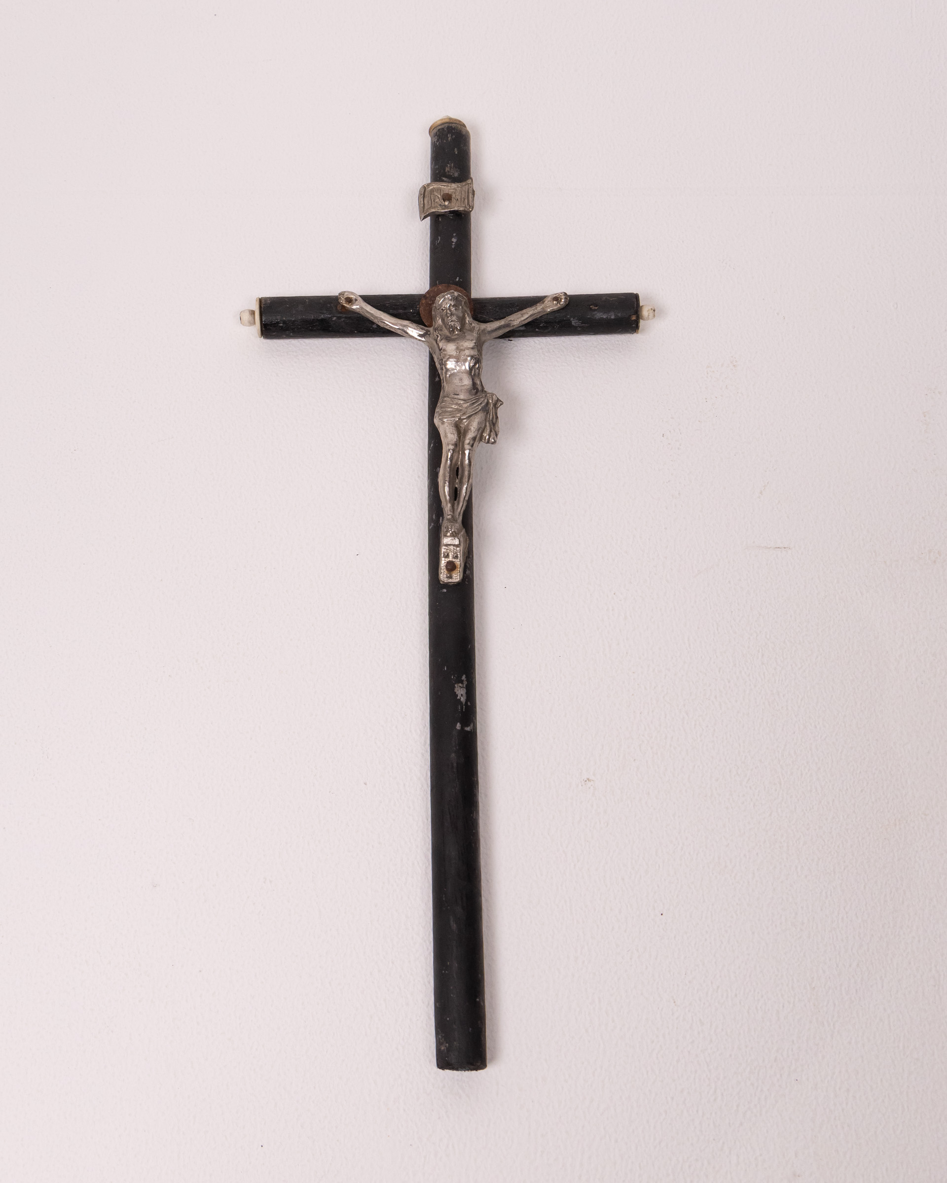 Vintage Black Wood Crucifix With Metal Jesus Religious Wall Hanging