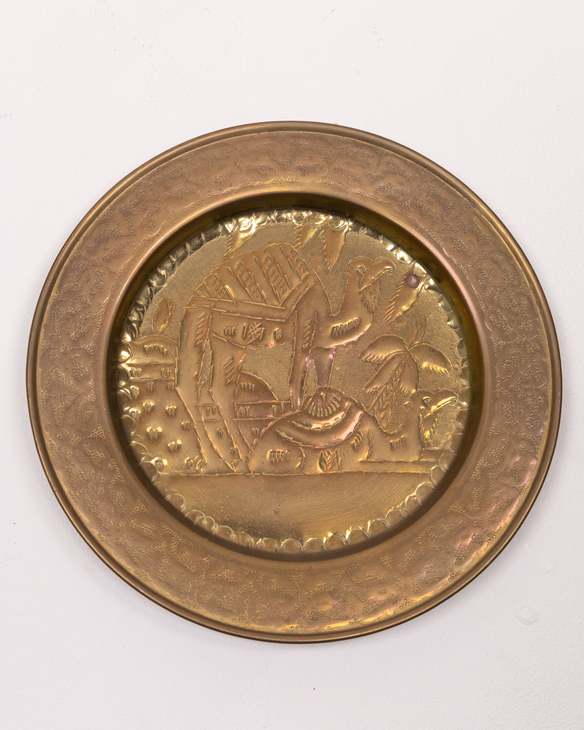 Vintage Etched Brass Plate – Middle Eastern Desert Caravan Scene Decor