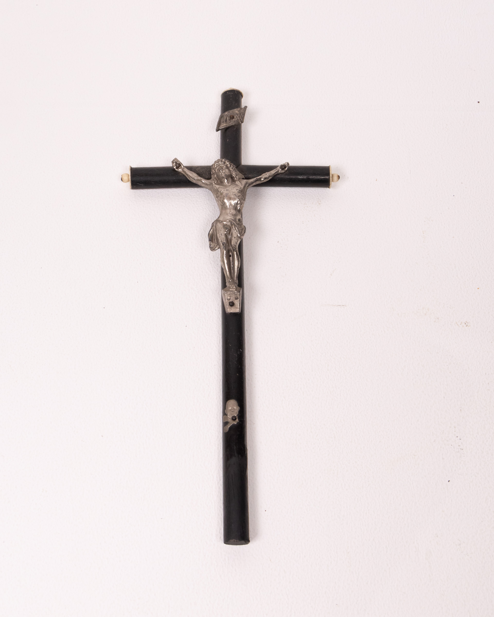 Vintage Wooden Crucifix with Metal Corpus & Skull Detail, Religious Decor
