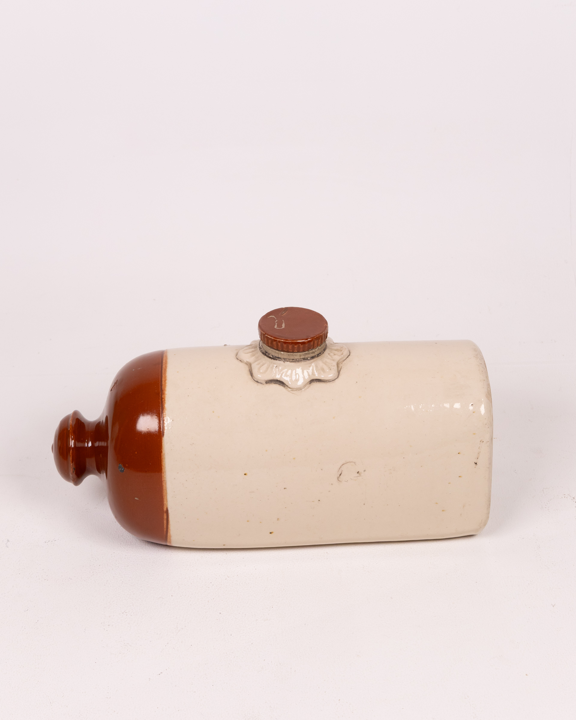 Vintage Two-Tone Cream & Brown Stoneware Hot Water Bottle Decorative