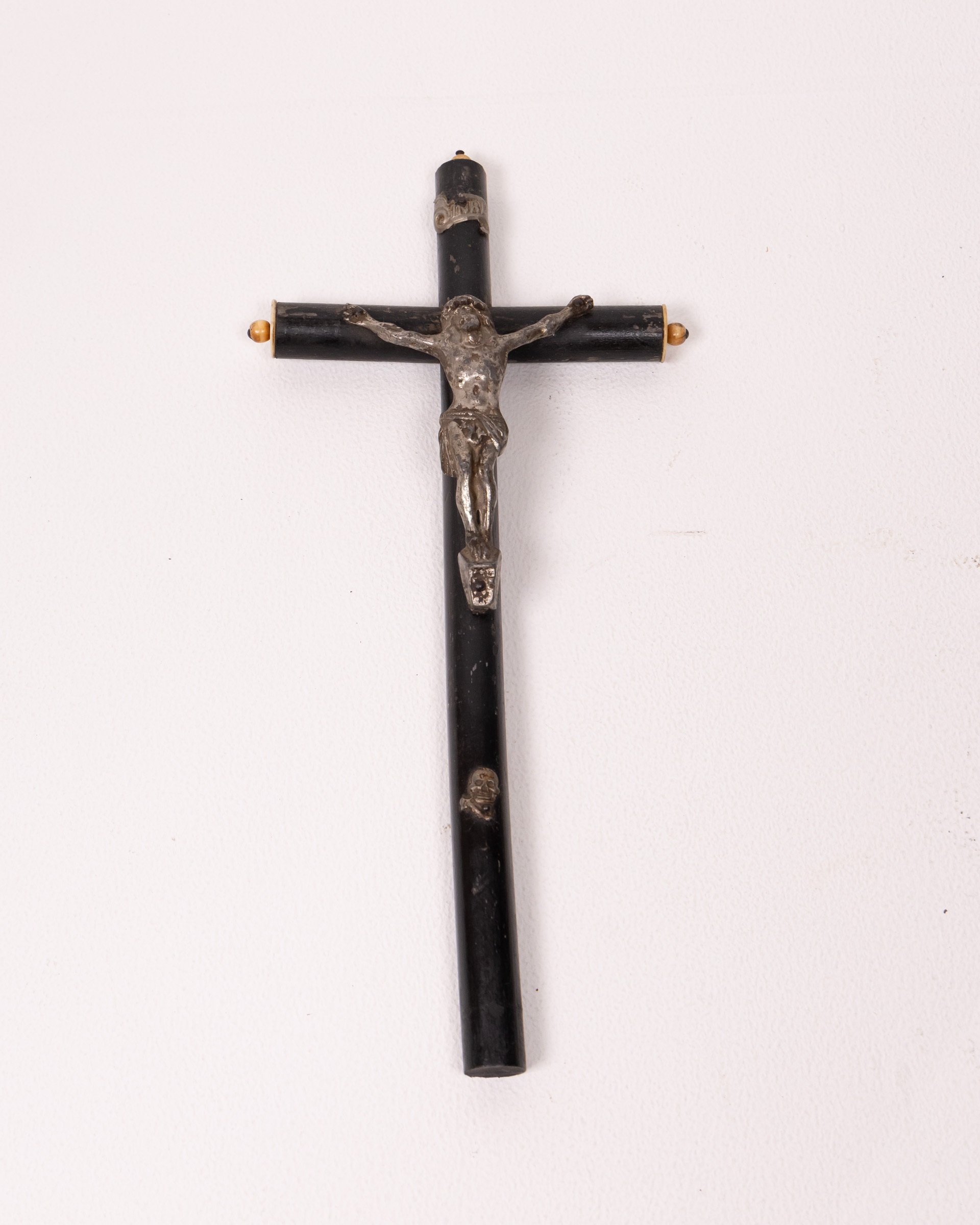 Vintage Black Wood Crucifix with Silver Jesus Figure Religious Decor