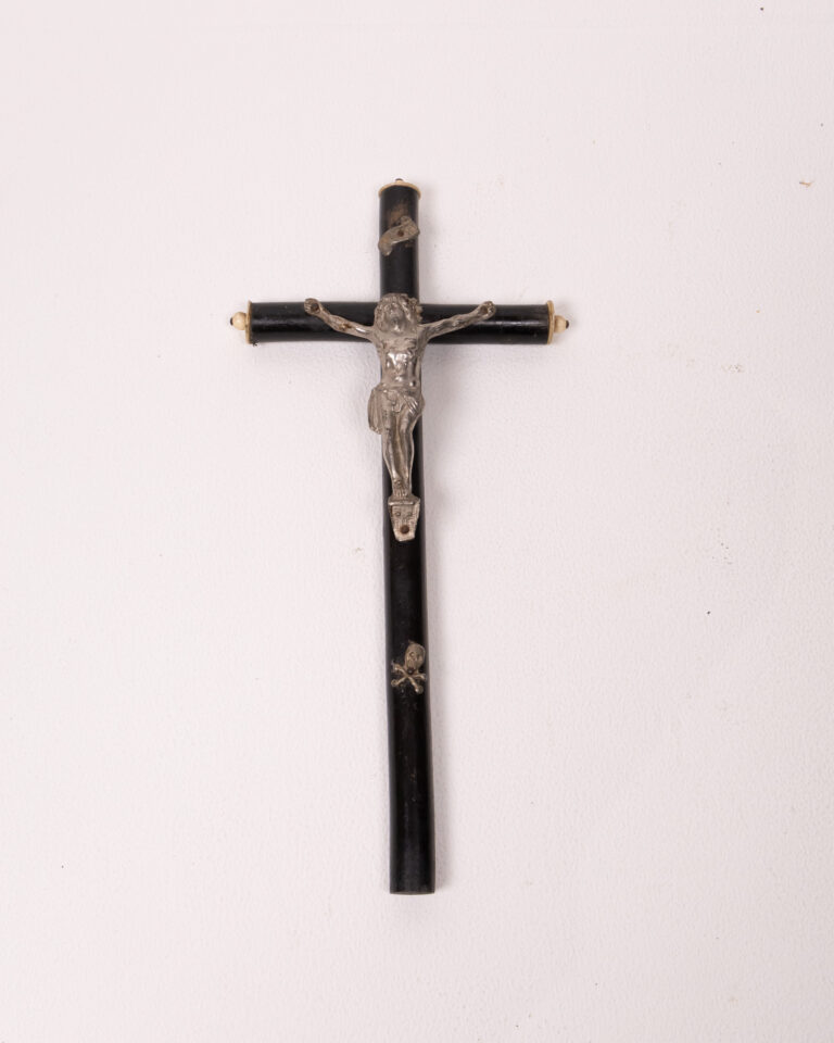 Vintage Wooden Crucifix With Silver Corpus & Skull Detail, Religious Art