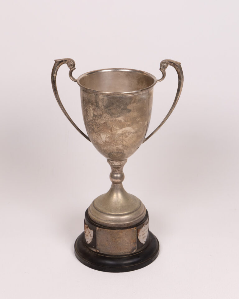 Vintage Silver-Plated Trophy Cup with Engraved Plaques on Wood Base