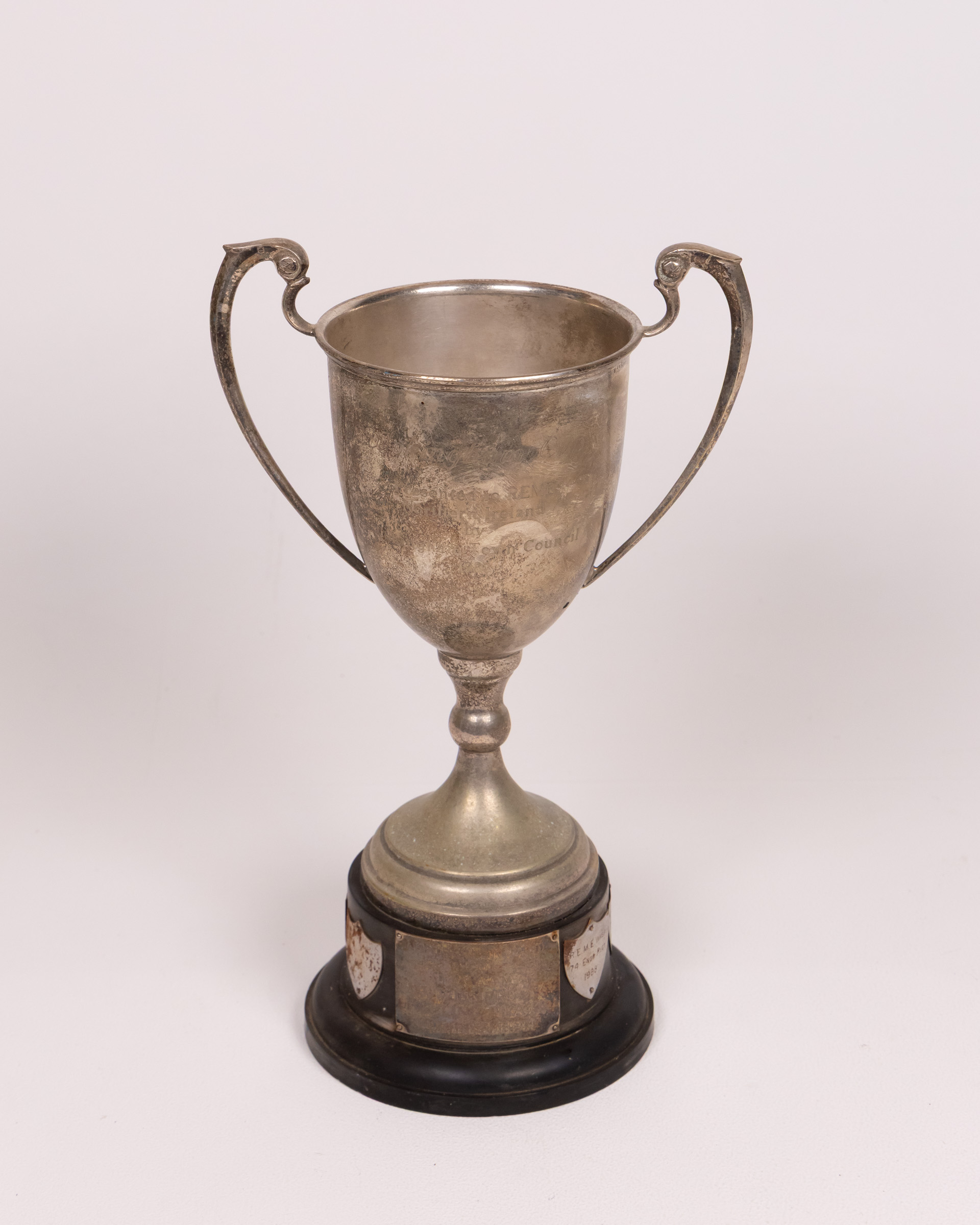 Vintage Silver-Plated Trophy Cup with Engraved Plaques on Wood Base