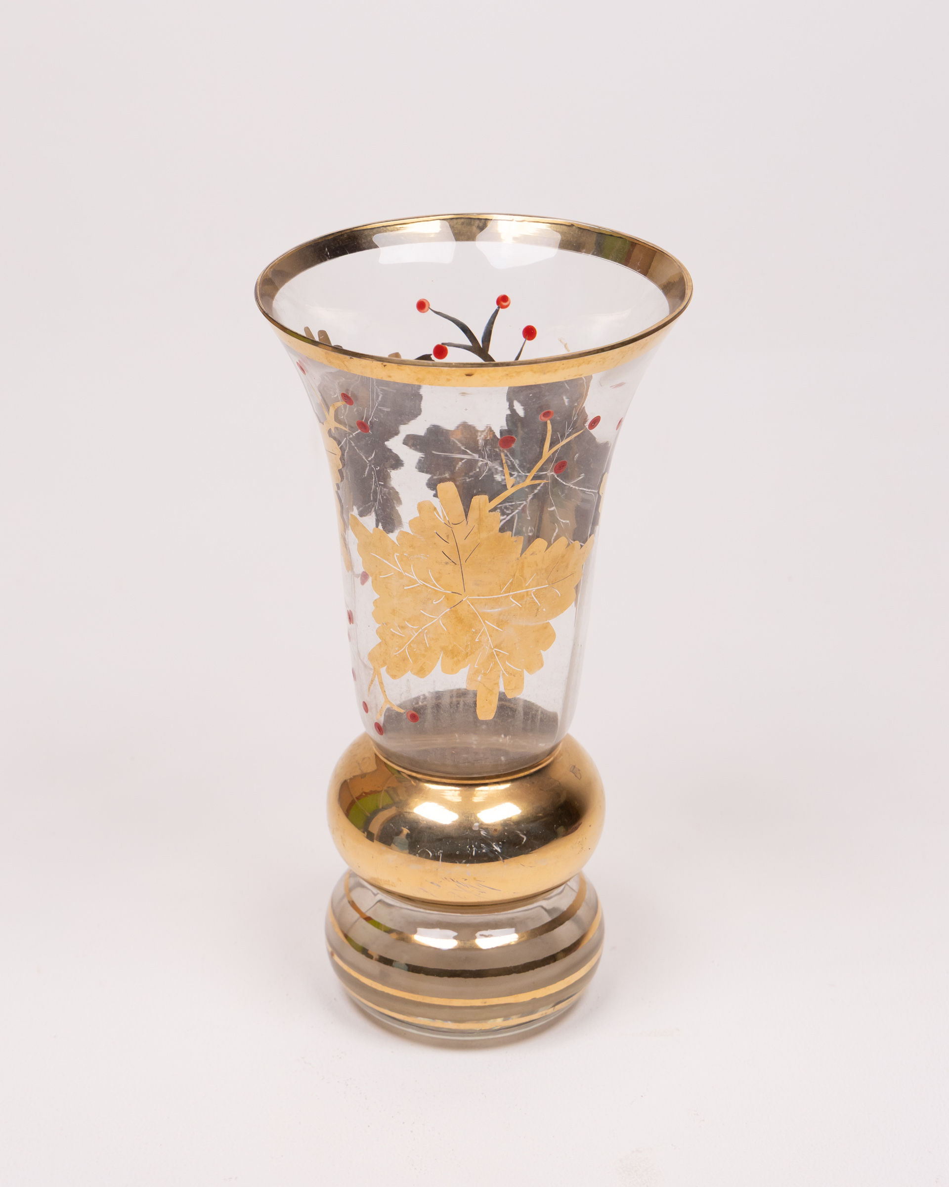 Clear Glass Vase with Gold Leaf Design, Decorative Floral Display Vase