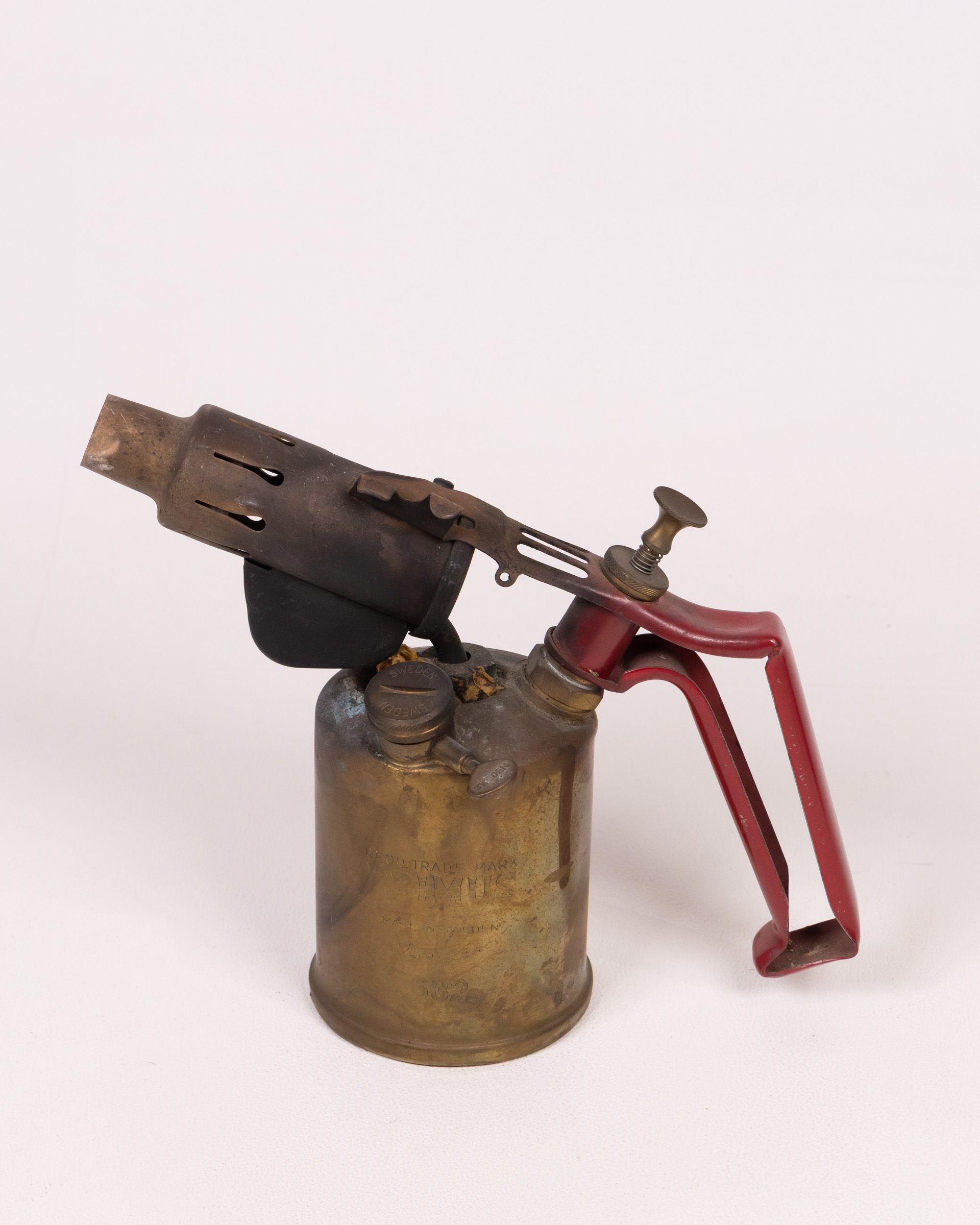 Vintage Blowtorch Brass Body with Red Handle, Antique Tool Collectible