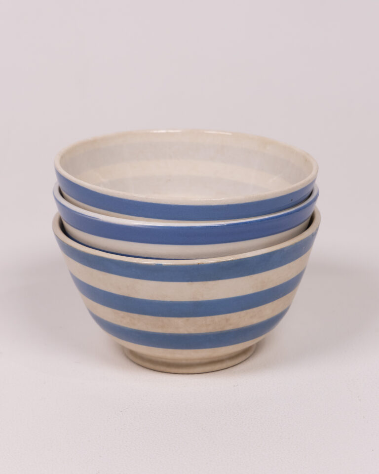 Set of Three Striped Ceramic Bowls, White and Blue Design
