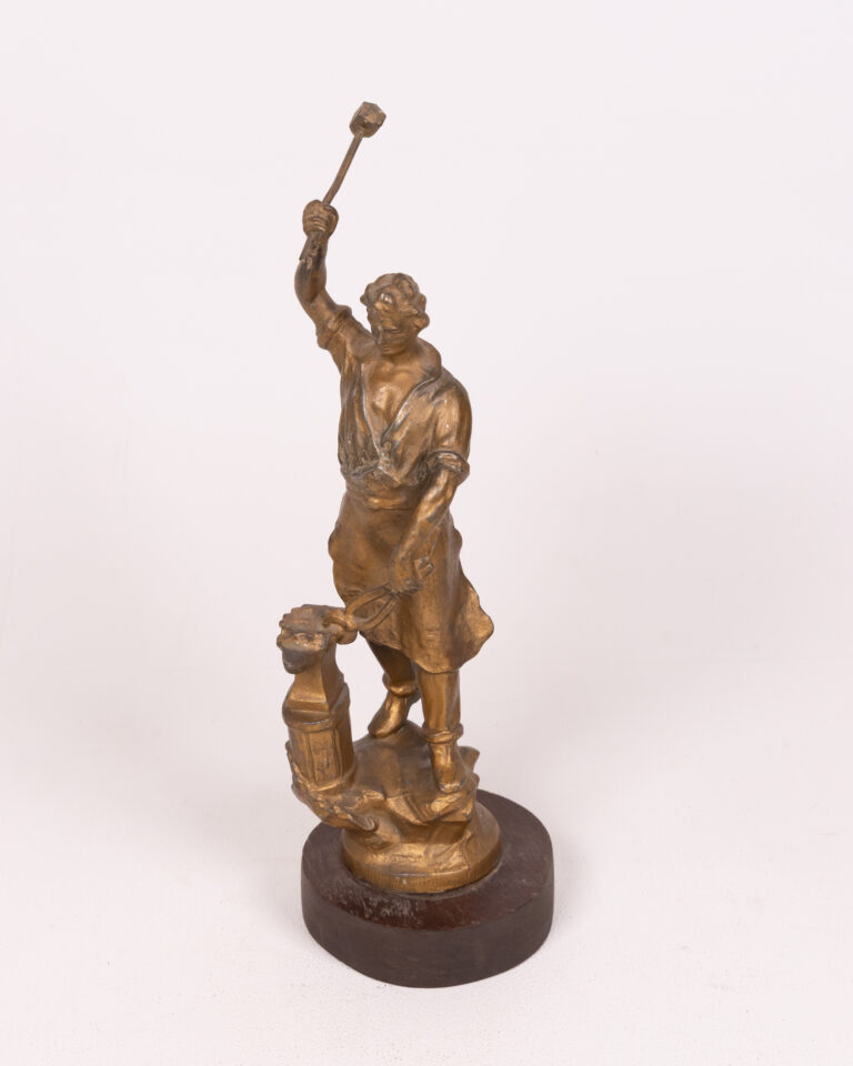 Vintage Metal Blacksmith Figurine on Wood Base, Decorative Sculpture