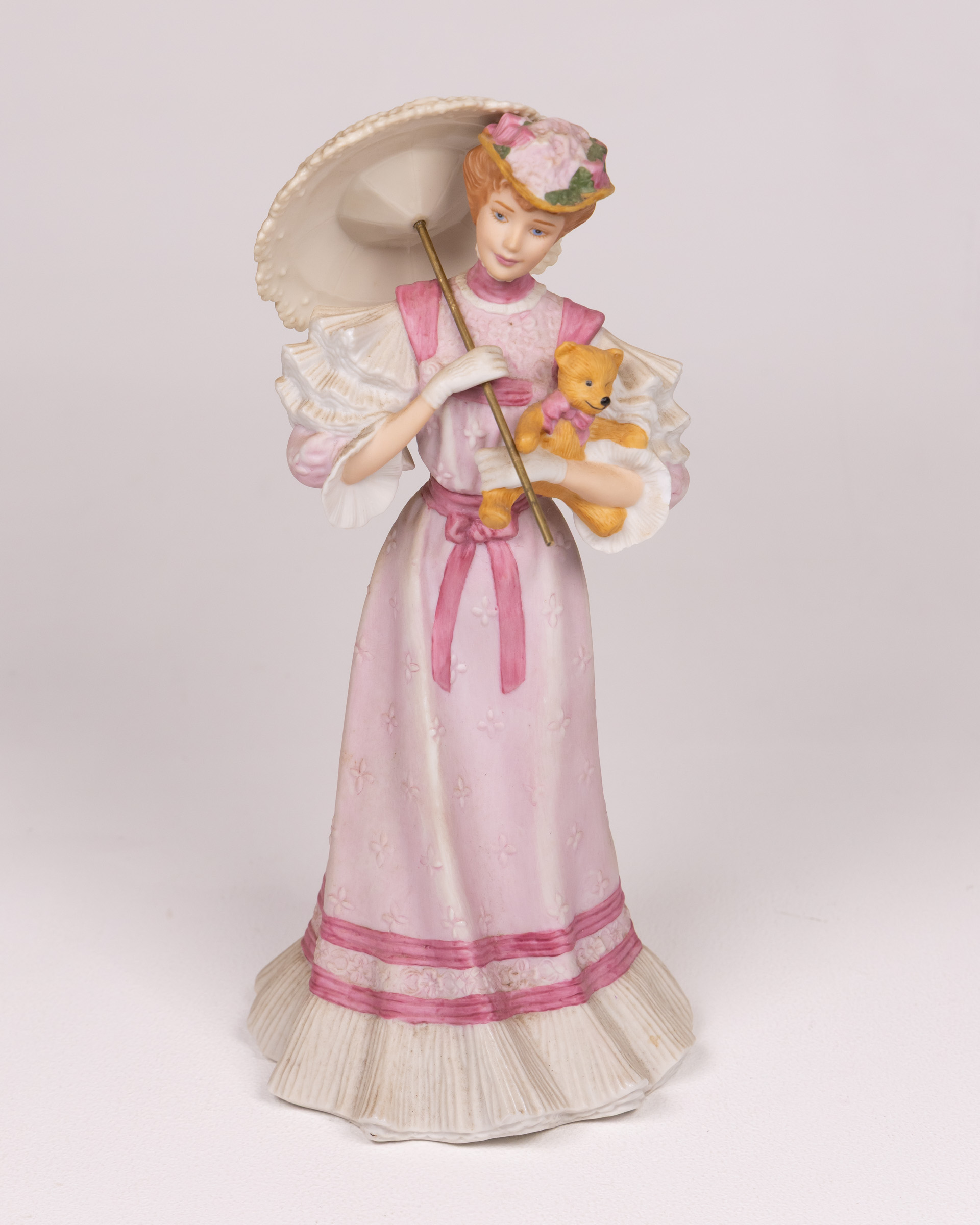 Vintage Gorham ‘At the Fair’ Porcelain Figurine Lady with Parasol, Pink Dress
