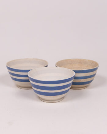 Set of Three Striped Ceramic Bowls, White and Blue Design